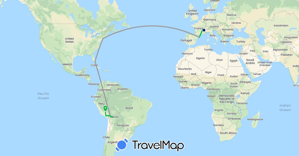 TravelMap itinerary: driving, bus, plane in Bolivia, Spain, France, Peru, United States (Europe, North America, South America)